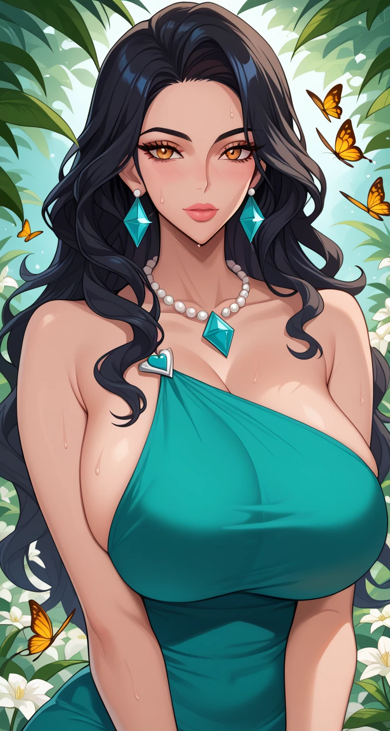(best quality:1.4), (ultra highres:1.2), (8k, RAW photo:1.2), manhwa-artstyle, 1girl, solo, long hair, looking at viewer, smile, black hair, bare shoulders, purple eyes, upper body, black shirt, Perfect Hands, ponytail, hoop earrings ,red lipstick, turtle neck dress,big breasts, bracelet,full body view,