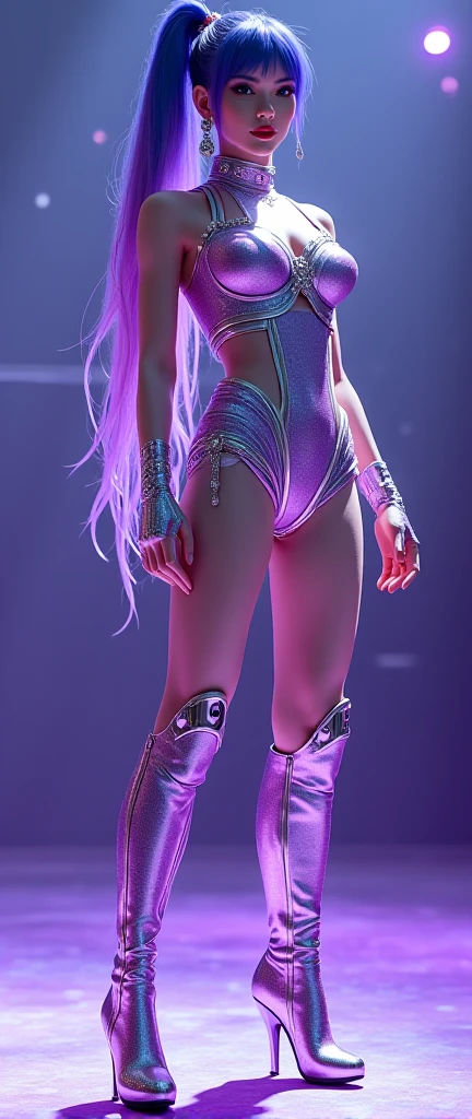 (8k, RAW photo, best quality, masterpiece:1.4), (realistic, photo-realistic:1.2), (ultra_highres), (ultra-detailed), absurdres, detailed background, symmetric eyes, complex pupils, extremely detailed eyes and face, light on face, nose blush, squatting, side view (masterpiece), detailed clothing texture, beautiful american face (masterpiece, best quality:1.0), smiling face,arms up, pink ponytail, legs, high heels, silver top, silver skirt, pink arm armor, <lora:ArianaFortnite:0.7>