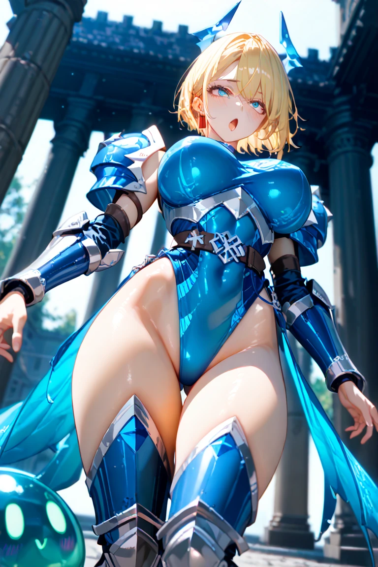 Browsing Caution,Sensual, Long blonde hair, Thick thighs, 8k, 4K, Highest quality, (High resolution:1.6), Cute anime face, Noise Reduction,short hair,Flaxen Hair、 (Sparkling Blue Eyes, A kind smile:1.3, Kind eyes:1.ung Face, Anime Eyes, Asheria、(Sword in right hand:1.5)、(Equipped with a shield on the left arm:1.5)、(SFW Giant:1.9)、Large areola, Puffy nipples:1.3、Long tights、Knee-high boots、(garter belt:1.5)、Beautiful Hands、Beautiful fingers、(High cut thong:1.5),Squat, Spread your legs,
