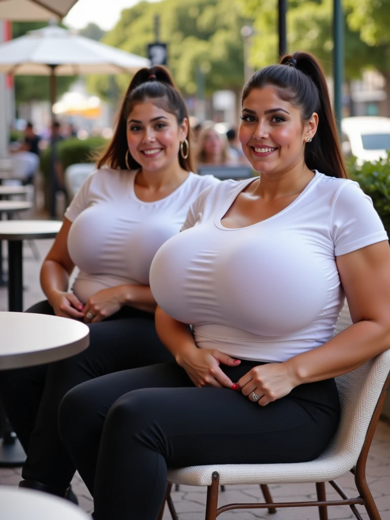 stock photo, extremely high quality, 8k, cinema style, (((whole body in picture))), 38yo attractive gorgeous elegant lady, Eleonora Pavinat, wide hips, sportive figure, very long hair, cozy, casual, film grain, analog, (gigantic saggy oversized breasts:1.2), white t-shirt, jeans trousers, high heels, (((talking to a little boy))), both persons standing in a modern city, both persons shown from the side