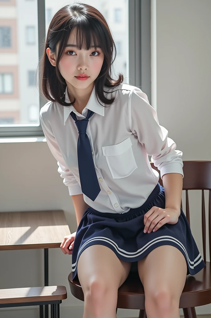 lens: 135mm f1.8,(Highest quality),(Tabletop:1.1), (Beautiful Japanese Girl), (Moisturized lips), Narrow eyes, double eyelid,Delicate clavicle,Flat Chest,Shortcuts,
(Let me me'Let me'Let's take another look), (close:1.4), shame, A faint smile,
(Spotted sunlight:1.2), Dramatic lighting,
(school uniform), (Sunburned skin:0.2),Full body photo、Full Body Focus、Sit on the floor with your legs open、Lift up the skirt、You can see inside her skirt、Lift up your shirt、