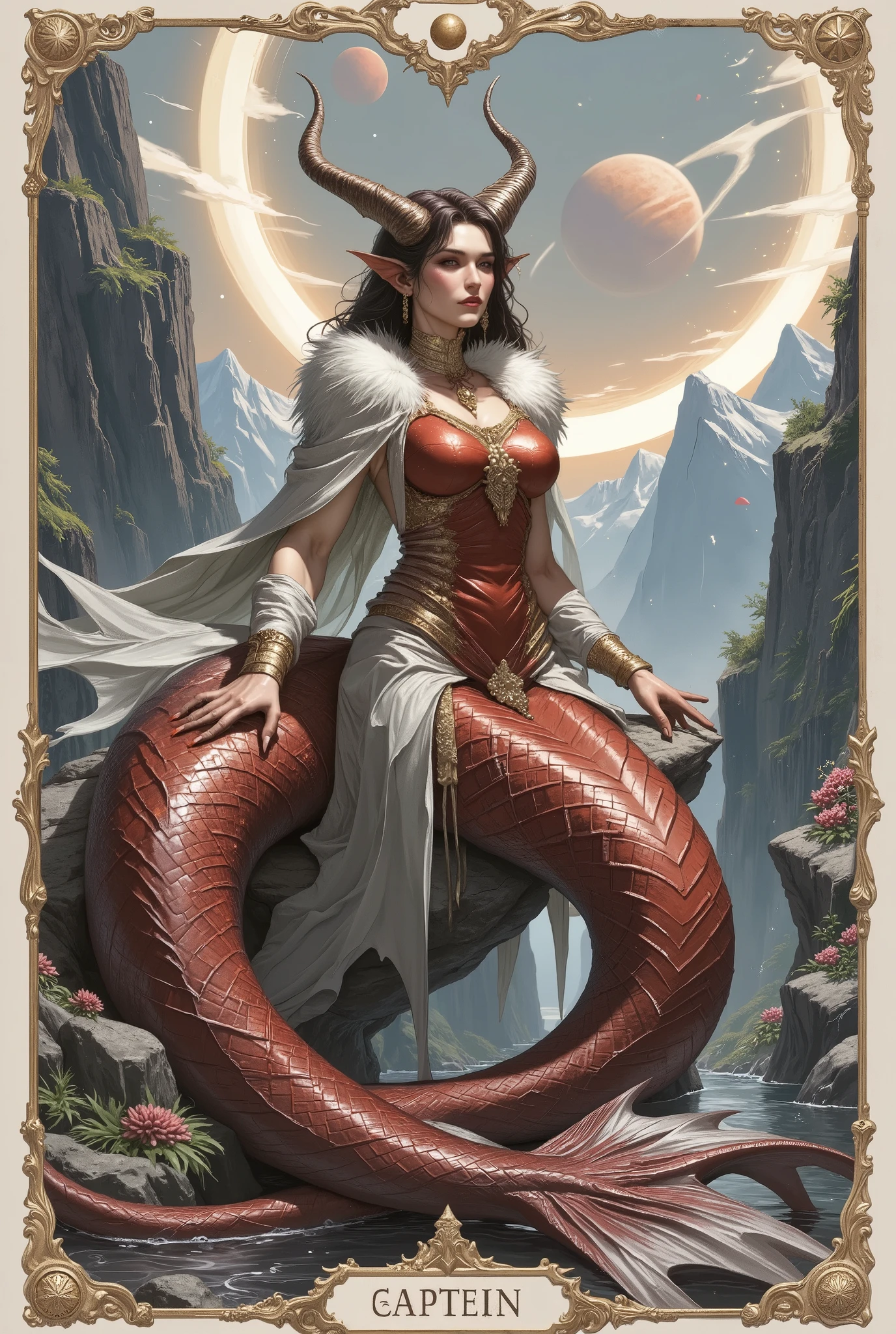 A powerful and elegant personification of the Capricorn zodiac sign (♑), depicted as a mystical woman seated atop a sharp, ancient rock formation. She is the embodiment of the Earth element — grounded, wise, and unshakable. Her long, graceful body transforms into a dramatic mermaid-like tail, colored in deep crimson red and black, shimmering like volcanic obsidian and embers. The tail coils behind her with flowing fins, adding motion and power.
Her upper body is poised and confident, feminine and graceful, with a strong gaze and sharp, determined eyes. She wears tall, textured goat horns on her head — curved and majestic like mountain peaks. Her hair is long and wild, blending black and wine red hues, flowing like wind through the pine-covered cliffs.
Around her and on her attire are symbolic plants: pine branches, rosemary, winter flowers like hellebore and lavender woven into decorative Art Nouveau motifs. The background features a stylized, poster-like pine forest with Saturn's glyph (♄) glowing subtly above, alongside the Capricorn zodiac sign (♑) etched into the sky like a celestial stamp.
The composition is both fantastical and symbolic — mixing art nouveau elegance with fantasy and graphic poster flair. Flowing lines, ornate borders, and detailed natural textures contrast with a bold silhouette. The lighting is warm and golden from below, casting a glow from lava cracks or magical ground light, while cool twilight tones frame the background.
Style: Art Nouveau x Fantasy x Poster Art x Comic touch – flowing ornamental lines, stylized anatomy, symbolic floral details, strong color contrasts (black, red, gold), graphic yet soft textures.