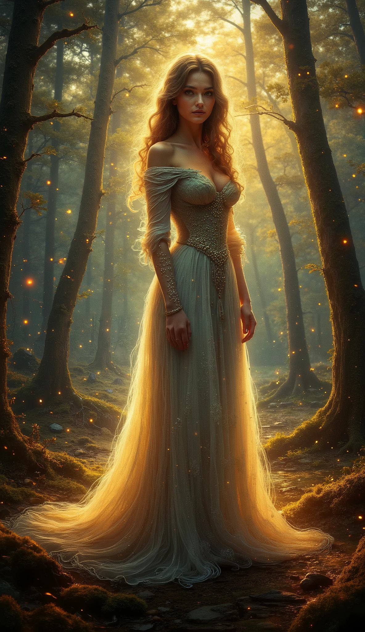 One girl, mature, Redhead, blue eyes, Large Breasts:1, White Dress, A fantastical landscape with fireflies flying around