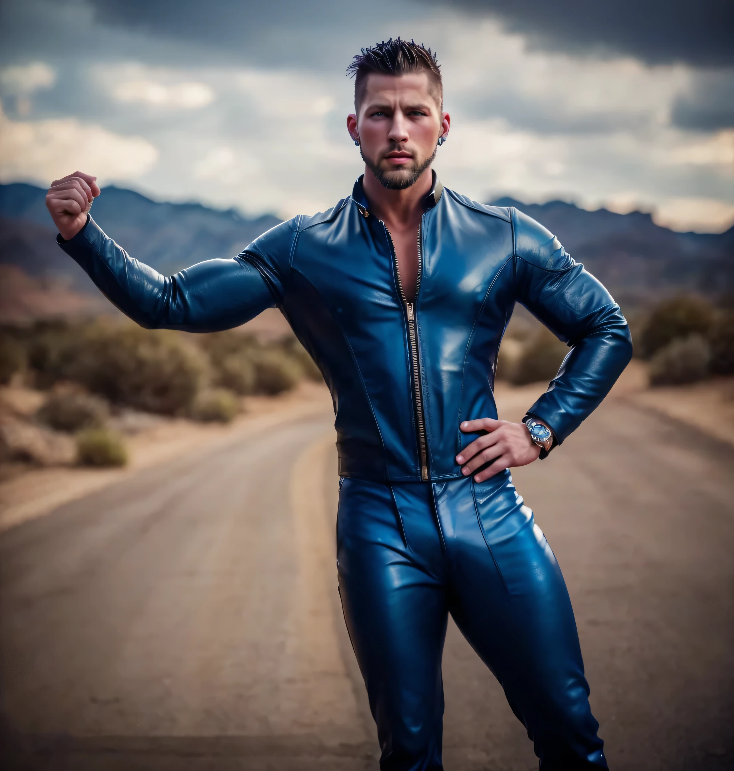 Fullbody standing picture of white skin Handsome muscular nude horny sexy gay man wearing skinny tight shiny blue latex suit, shiny black Disconnected Pompadour oiled hair style, blue eyes, shiny varnished vinyl brown shoes, brown belt, red lip, chain, tattoos, horny, cum shot, sperm, milking penis, very big penis, very big testicle, shiny oiled skin, orgasm, oversexed, masturbation, standing at white lighting show room.