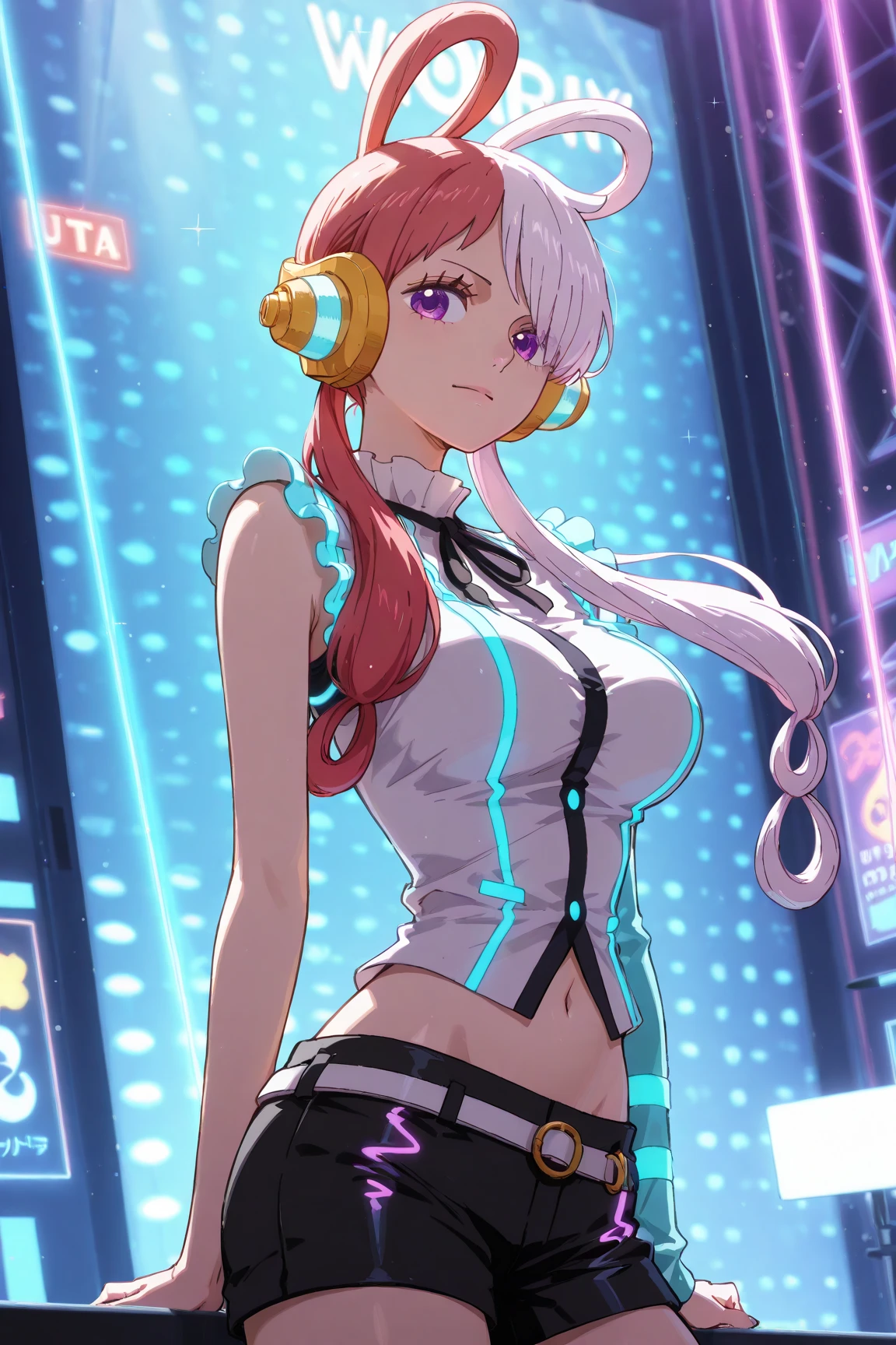 masterpiece, highres, 1girl, goddess of victory: nikke, pepper_(nikke),  ペッパー(勝利の女神_NIKKE), <lora:Pepper-LoRA:1>, beautiful face, detailed face, pink hair, bangs, headphones, gloves, blue neckerchief,  sweater, thighs, blush, smile,  large breasts, full body, bare shoulders, eyebrows visible through hair, headgear, long hair,  sweater dress, open mouth, sailor collar, side ponytail, sidelocks, sleeveless, turtleneck sweater