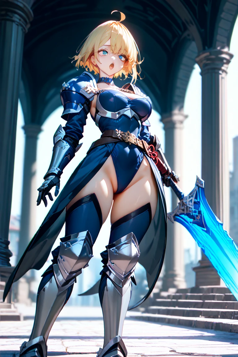 (masterpiece:1.2), (highest quality:1.2), 1girl, solo, armor, simple-background, bikini-armo, breasts, full-body, blue-eyes, large-breasts, blonde-hair, thighhighs, navel, gauntlets, shoulder-armor, pauldrons, cleavage, hand-on-hip, armored-boots, standing, looking-at-viewer, short-hair, helmet, high-heels, braid, greaves