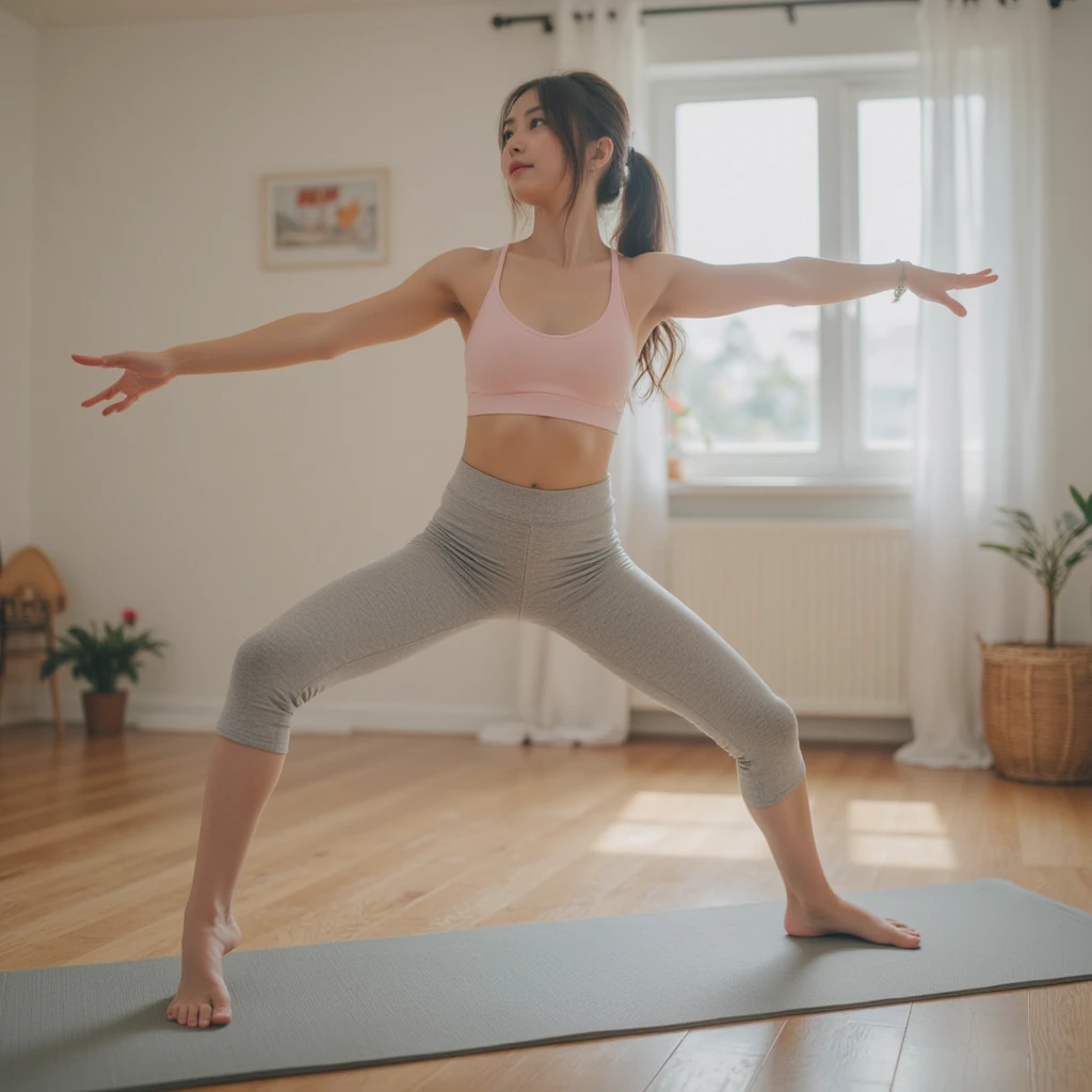 a 14 year old teenager, light skinned, Stretching in a bright room. She is wearing sportswear and is focused on her exercise.. In the background, You see a TV with the screen on and music coming out of a speaker."