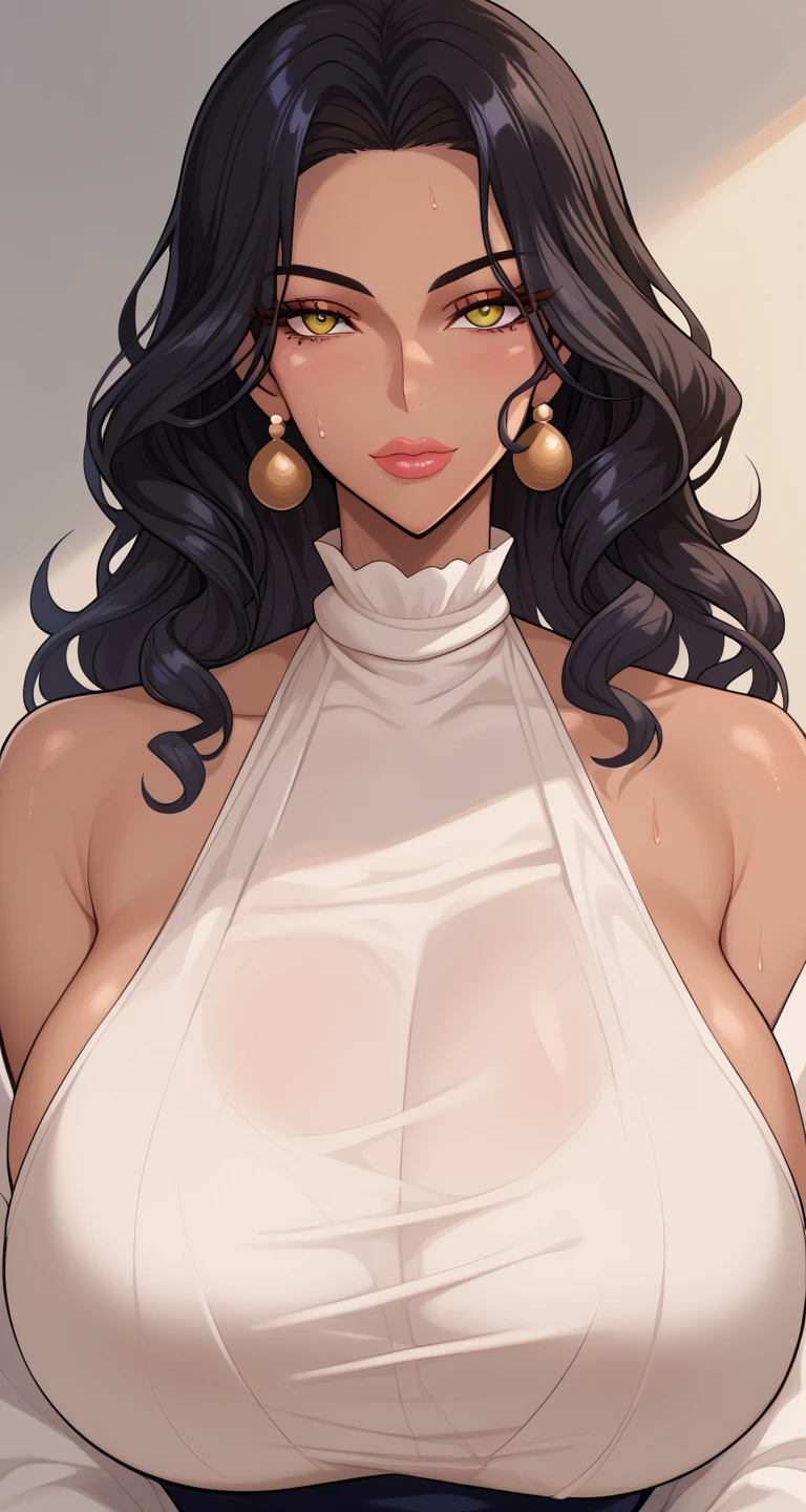 uploaded e621, score_9, score_8_up, score_7_up, score_6_up, score_5_up, score_4_up, rating_safe, smooth, source_furry, {realistic}, mature sexy curvy prefect figure babe, seductive babe, DARK SKIN babe, countershading, huge breasts, brushing her very very long hair {{{dark black hair, very very thick hair bun with very very long dense big open hair, brushing her very very long hair}}}, sexy nude gown, cleavage, tall, black lips, green eyes, extra wide hips, extra thicc, leaning forward, brushing her very very long hair
