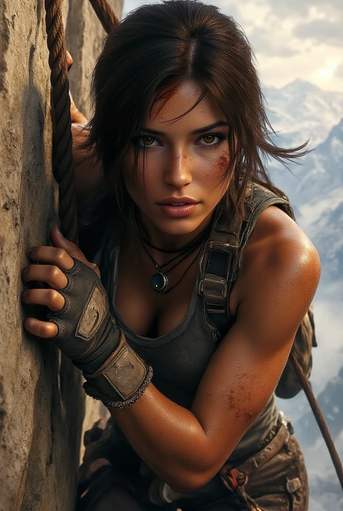 Create a young woman inspired from lady lara croft at tomb rider movie.fully war equipment and the hand is punching