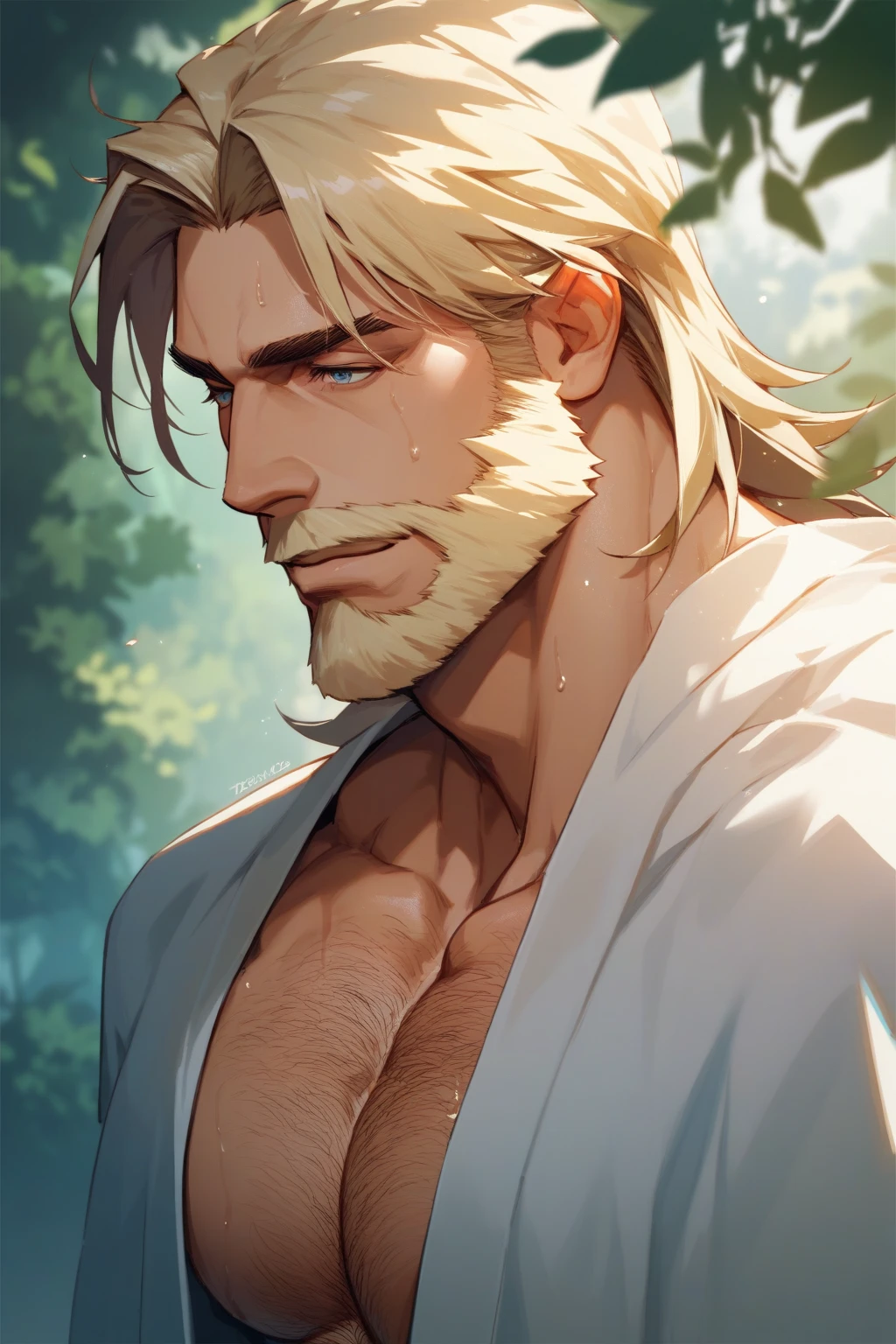 (best quality), masterpiece, ultra-detailed, guy,goatee facial hair, muscular physique,full body portrait,blonde hair,intense blue eyes,stream,forest,hairly chest,loincloth