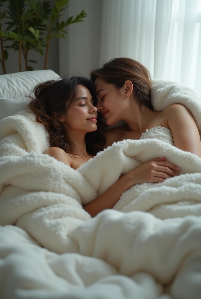 Realistic Beautiful single women laying in bed with her German Shepherd dog cuddling both looking at camera ,8k