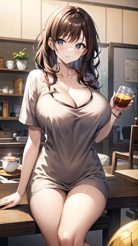 masterpiece, yor, 1girl, Amazing Cleavage:1.3, thin waist, big ass, Raised sexy, medium breast: 1.8 posed cleavage:1.2、solo, looking at viewer, open mouth, have a cup of coffee,black hair, red eyes, dress, bare shoulders, jewelry, collarbone, sidelocks, hairband, earrings, indoors, off shoulder, :o, sweater, arms behind back, plant, short hair with long locks, white hairband, off-shoulder dress, sweater dress, off-shoulder sweater, red sweater, big side hair, very long side hair,is rendered in (masterpiece: 1.2, best quality), with (ultra high resolution) and an exquisite (depth of field). This masterpiece is not only visually stunning but also tells, make of cake cooking ,in the kitchen