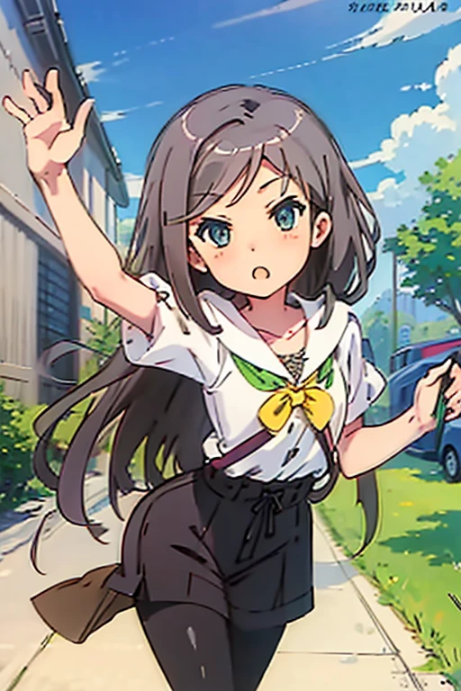 masterpiece, best quality,ultra detail,<lora:GoodHands-vanilla:0.7>,petite,chibi,girl,aasyana,black_hair,long_hair,brown_eyes,ahoge,syanauniform,school_uniform,thighhighs,white_shirt,short_sleeves,skirt,green_skirt, <lora:syana:0.6>from above,blush,school bench,open mouth,pointing