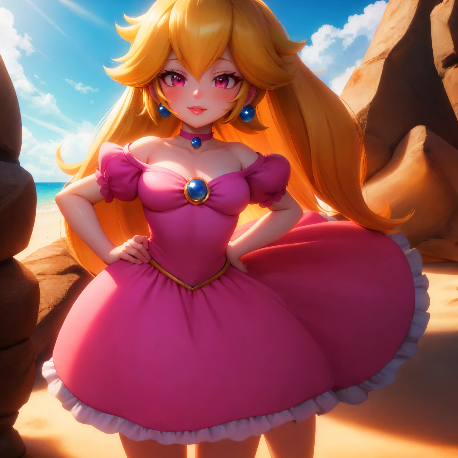 princess peach,pink swimsuit one pice Glittering glitter,,Full-body view,Sitting on the beach,view crotch