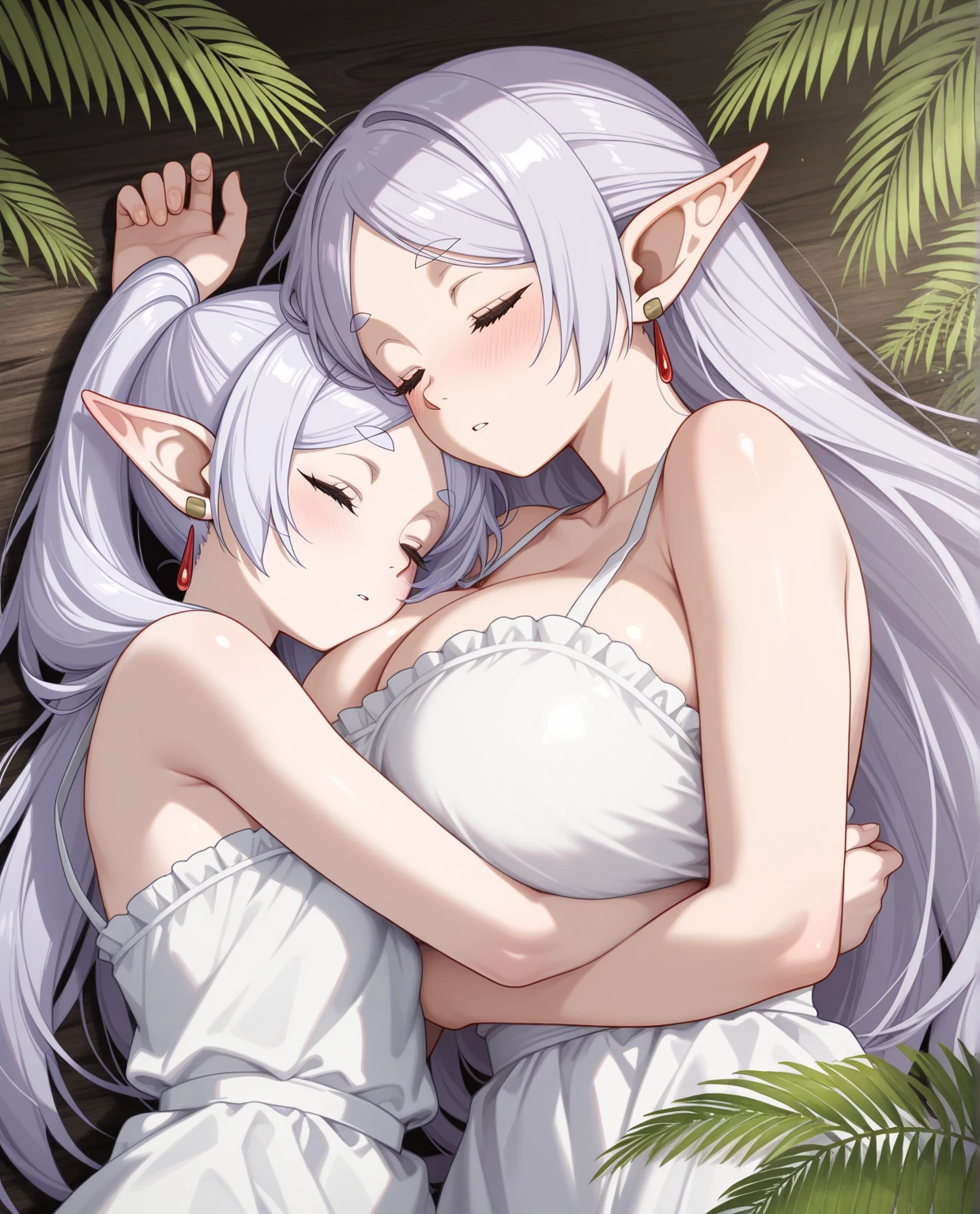 Two girls hugging, Very long hair, naked, kiss, hug from behind,full length, Front angle,