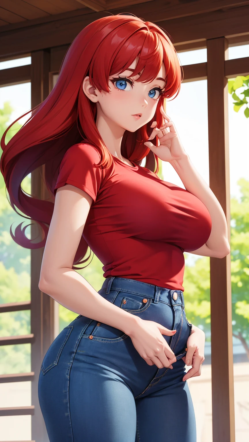 (Akane Tendo)(1solo)(1girl)((Solo)) ((Masterpiece)) ((High Quality)) (slim thick)((Perfect Face)) ((Huge Breasts)) ((Wide Hips)) ((Narrow Waist)) ((Beautiful)) ((Redhead)) ((Long Hair)) ((Light Skin)) ((Cute Nose)) ((BLue Eyes)) ((Young)) ((Transparent Tee Shirt)) ((Jeans))(cameltoe)