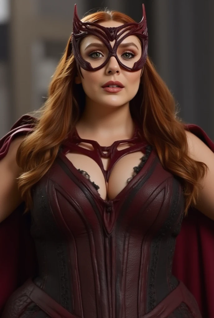 Scarlet Witch Played Elizabeth Moss, detailed eyes, scarlet witch costume, heavy physique, thick body, big Perky breast, big natural breast, thick hips, tight costumes, from Marvel Comics, fantasy setting, Dynamic poses, Marvel Universe Background, mysterious world background, Character concept, character art, Character portrait, tmasterpiece, beste-Qualit, best resolution, 8K