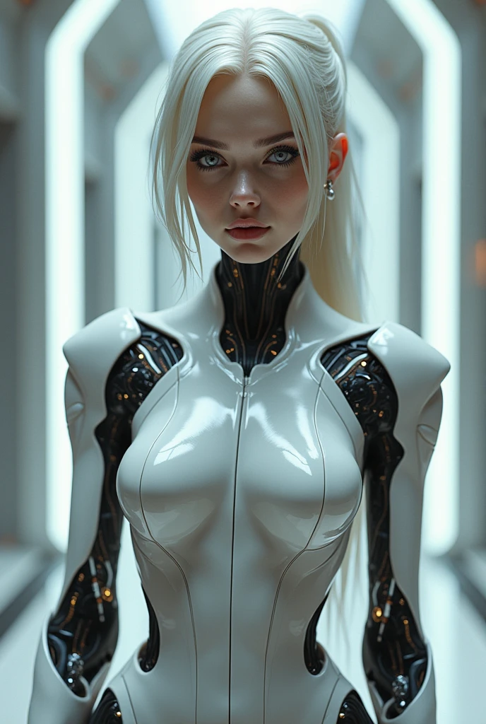 female robot with hair has her her arms raised