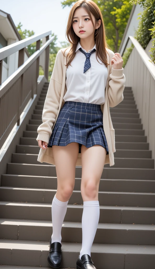 High quality, Ultra detailed, best quality, insanely detailed, beautiful, masterpiece、8k、nsfw、2girl、spread pussy、upskirt、skirt lift、skirt lift by myself、((show off pussy1.4))、pubic hair、pussy focus、public indecency、((from below:1.3))、looking at viewer、spread pussy、bottomless、cinematic lighting、、beigecardigan、clothed、schoolbag、city、night