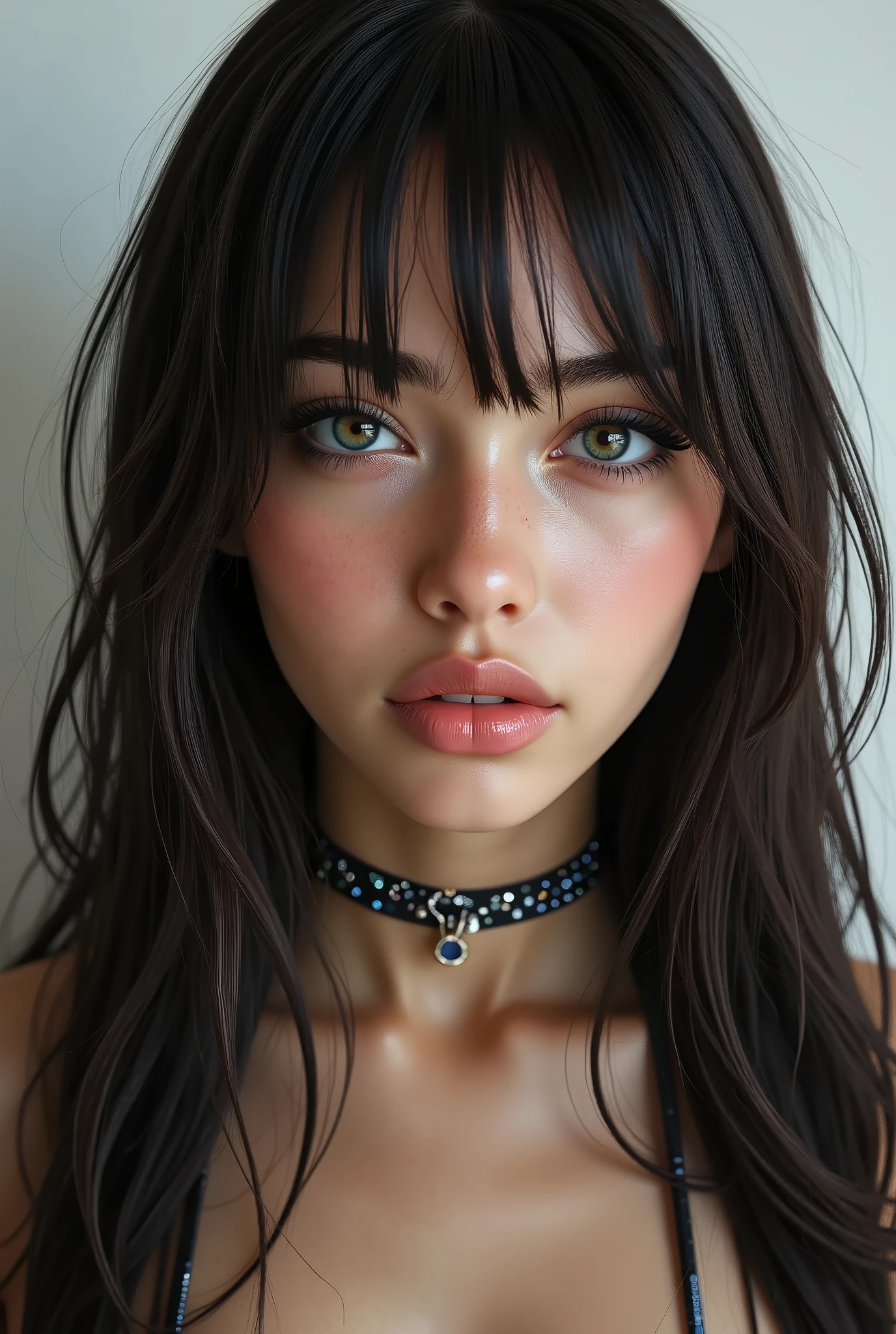 a 20 year old brunette girl, long wavy black hair with bangs, breasts big, from head to toe, Extremely Detailed, fully body, pele Extremely Detailed, freckles on the face,