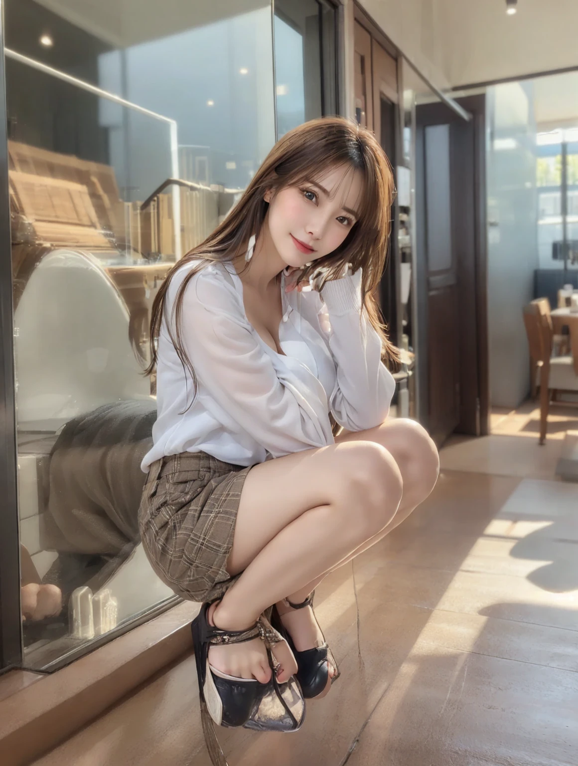 ((best quality)), ((masterpiece)), (detailed), perfect face,
a 19 years old girl、mask、very beautiful face、whole body、Wearing pin heels、mini skirt、beautiful feet、Delicate the face、