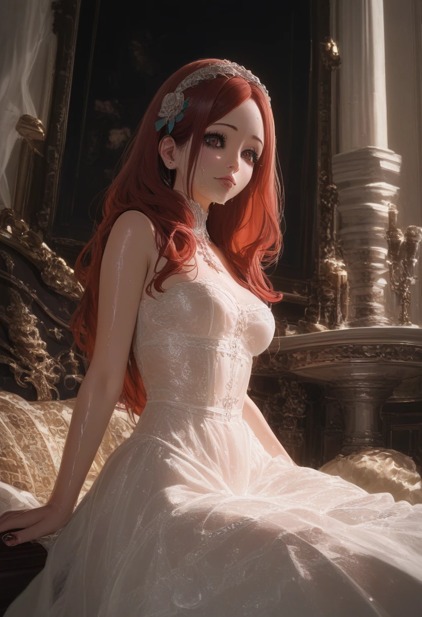 olhos verdes esmeralda, lingerie white, open arms holding transparent tulle, golden bandages, russet hair, red hair, long red hair, bit tis, breasts big, background beautiful room, White-panties, Biquini Branco, gold accents, Biquini Branco e dourado, open arms taking white tule in back