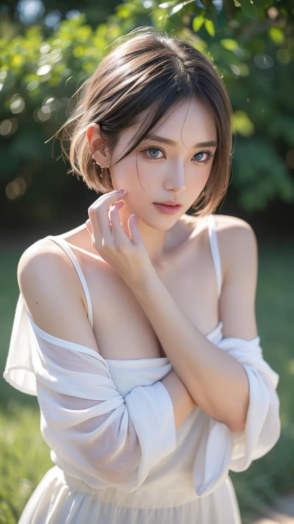 (Highest quality, masterpiece:1.2, Ultra-high resolution), (Reality: 1.4), Original photo, Japanese, One girl, Beautiful breasts, Beautiful Eyes, , Beautiful Skin, ((Off the shoulder, dress)), Cinema Lighting, Ultra-detailed, (night), trip, Stylish, Female Sniper, Restrictions and commitments, (((The world of HUNTER×HUNTER:1.3, Psychic:1.3, Spirit Beast:1.2))), (Detailed eyes and face:1.2), (Detailed hands:1.21), (Perfect Anatomy:1.2), Short Hair
