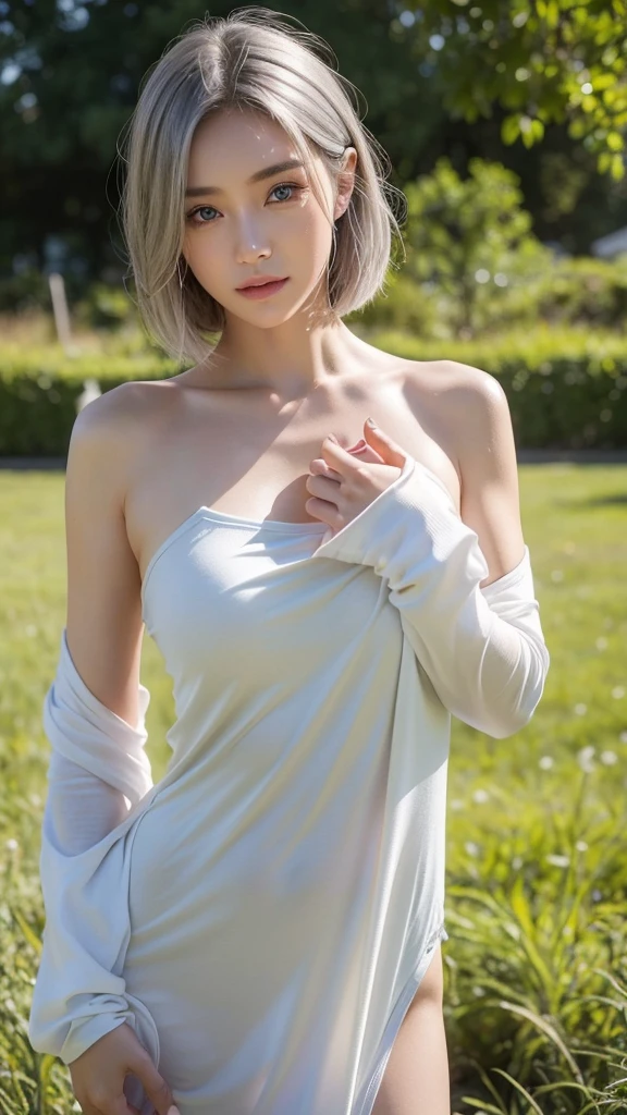 Realistic, One girl, Gray Hair, Purple eyes, Glowing Eyes, topless, skirt, Lips parted, blush, night, Flowers, sun, sunlight,