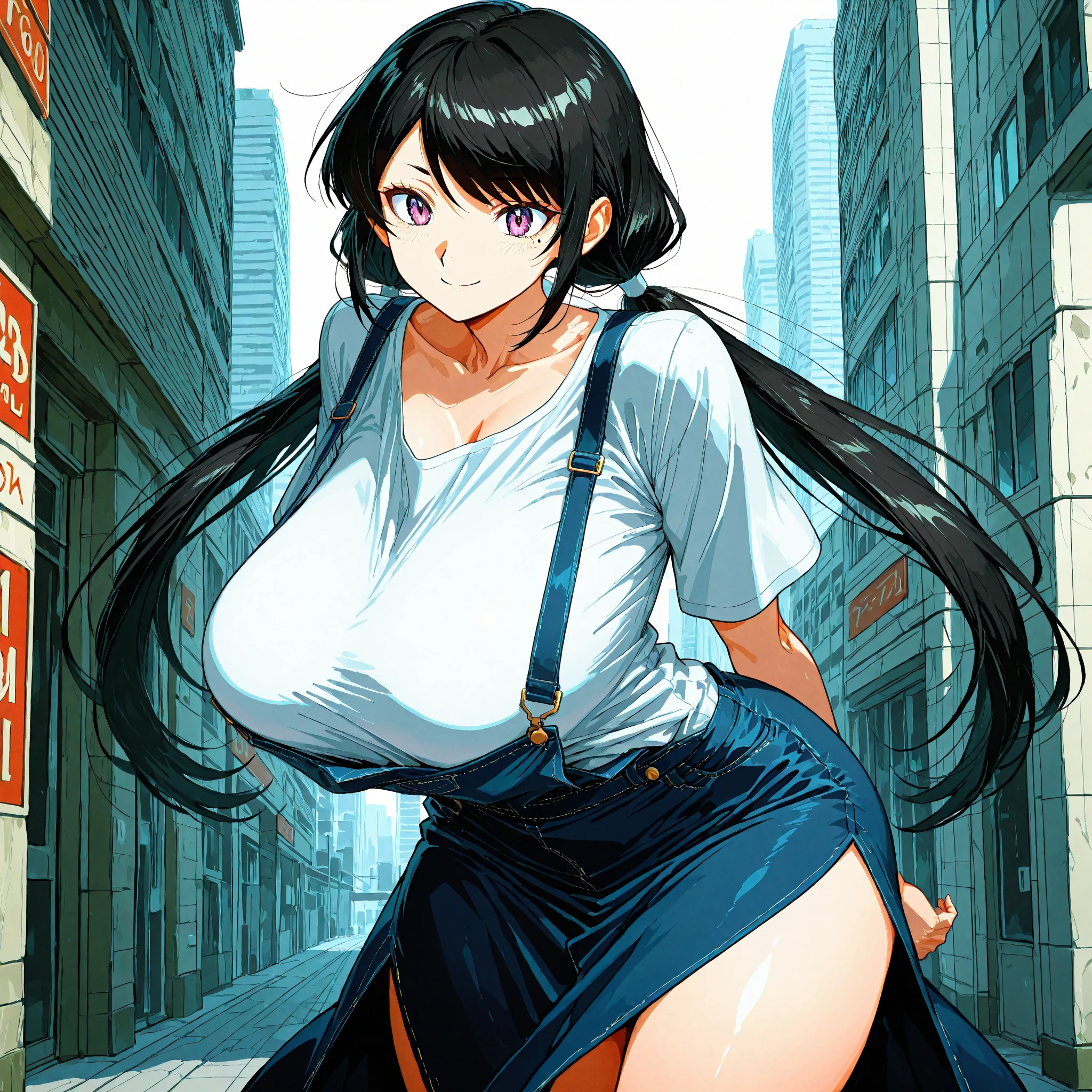 Panic movies、An illustration、giantess、Giantess、Slender women、Mountains visible in the distance、、smile、Beautiful views、Black Hair、Big b、Long Hair、Big nipples、Standi small, destroyed city、Low - Angle、View from the ground、Looking up at a walking woman from below、Full body portrait、People running away at your feet々、between legs