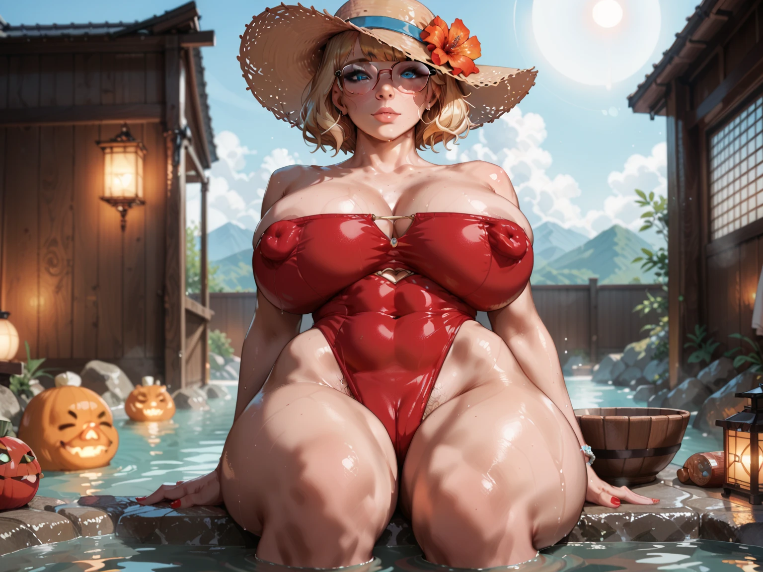 独奏,(:1.3),thick thight,upper legs,Wide buttock,dent in the skin,short detailed hair,Blonde curly hair,erected ,beachside,ssmile,Love glasses ,Leaning in ,Vaginal exposure ,omao,pubes,cheerfulness,(Red latex dress:1.2),cparted lips,plumw,exposed midriff,protruding areolas,gigantic cleavage breasts,4K,realistic humid skin,Armpits,Large curved hips,very big tongue out,Fleshy figure,with perfect legs,Hypertrophic,protruding areolas,Hypertrophic,crouched,Bronzed skin,Detailed lips,bubble butt,Breasts are larger than the torso,Crazy swollen breasts,otherworld background,Koreainsta Goddess,Realistic fantasy rendering,Forced hair,photorealistic anime girl rendering,Faraway view,(full-body portraits:1.4),(:1.5),(Exaggerated body proportions),(Nine-headed body),Wear a delicate earring pendant,The chest is exposed from it,a plump buttocks,slender leg,Thick thighs,(Wear a red transparent kimono), camel-toe,rendering by octane, (Unbeatable masterpiece, ultra realistic 8k cg, dramatics, Ray traching, hdr:1.2), (best qualtiy), fanciful, atmospurate, extremely detaile, iintricate, Hyper-detailing, glaring lights, (mirror lighting: 1.4), (photorealiscic face: 1.2), (dent in the skin: 1.3), (1 rapariga: 1.4),Bright red lip gloss,stretch open,pubes,The belly bulges,prengant