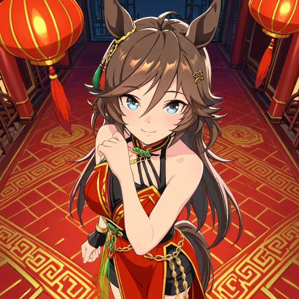 (((best quality)), ((masterpiece)), (details), masterpiece, best quality, high quality, ulutra detailed, perfect face,Shiny Hair、Glowing Skin、blush、Lustful look、1girl、walnut、Genshin Impact、smile、hutao,1girl,jewelry,hat,flower,red eyes、Festivals、Lanterns lined up、Chinese gorgeous outdoor background、Cat Pose