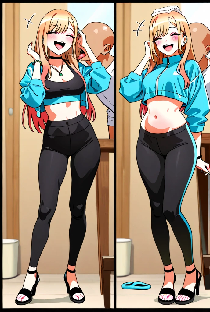 Masterpiece,best quality,high resolution,30 year old woman,blue hair,tied hair,beautiful face,yellow eyes,bright eyes,cat ears,perfect body,athletic body,milf,bodybuilder pose, small breasts, thick thighs,big ass,round buttocks,bodybuilder,jacket on top,sports bra, leggings,standing,expression of pleasure, inside the room