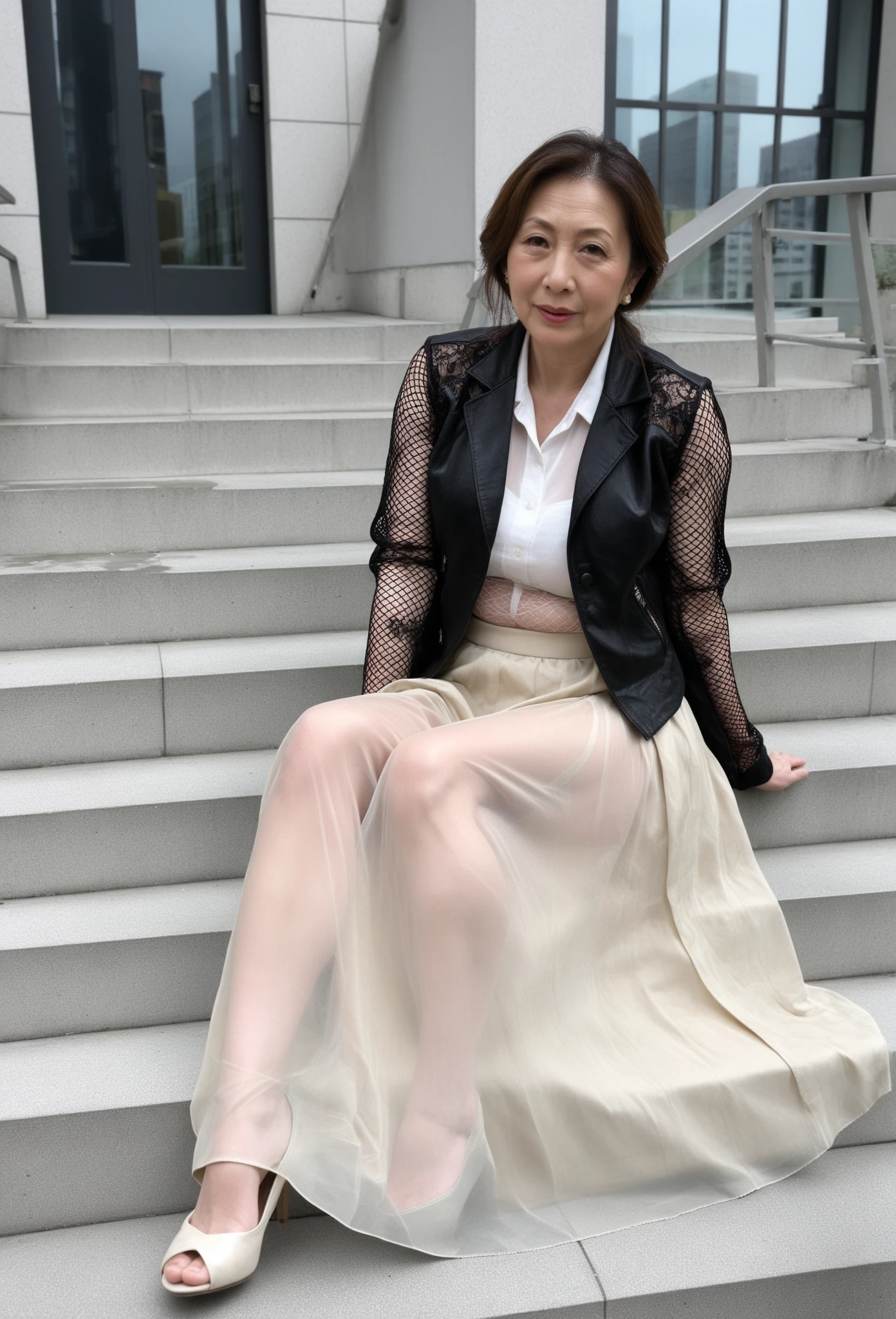 Stiletto heels，short detailed hair，White knitwear，Superskirt，Heavy makeup，Redlip，White skin，mature， The cleavage is deep，being thin，full bodyesbian，very Bigger breasts，Long legs，You can see the whole body，Sheer flesh-colored pantyhose，standing with legs apart，Outdoors