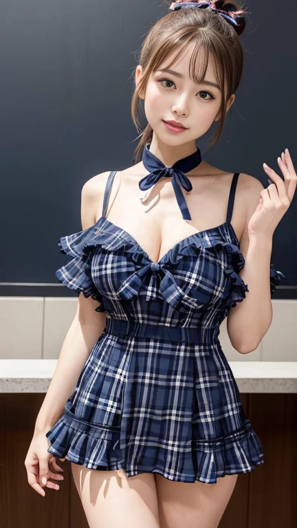 masutepiece, Best Quality, (Realistic, Photorealsitic:1.37), 8K, extremely delicate and beautiful, amazing, finely detail, Official art, absurderes, unbelievable Ridiculous, huge filesize, Ultra-detailed, Extremely detailed, Beautiful detailed girl, extremely detailed eye and face, Beautiful detailed eyes, Light on Face, NSFW, 1girl in, Looking at Viewer, (Perfect female figure), Slim waist, (Kpop Idol), (aegyo sal:1), Full body, Large breasts, Standing, School uniform, plaid skirts, Collared shirt, Midriff, Unbuttoned, Open your clothes, , Bangs, Feminine Expressions, ulzzang -6500-v1.1