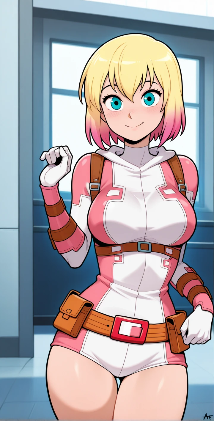 gwenpool, 1girl, weapon, blonde hair, multicolored hair, solo, blue eyes, sword, pouch, smile, mask, superhero, short hair, gradient hair, open mouth, belt, bag, white background, two-tone hair, pink hair, breasts, adapted costume, animification, gloves, belt pouch, looking at viewer, ripped leotard, camel toe, , boobs exposed, hard nipples, , pussy is exposed, cum on face , Naked