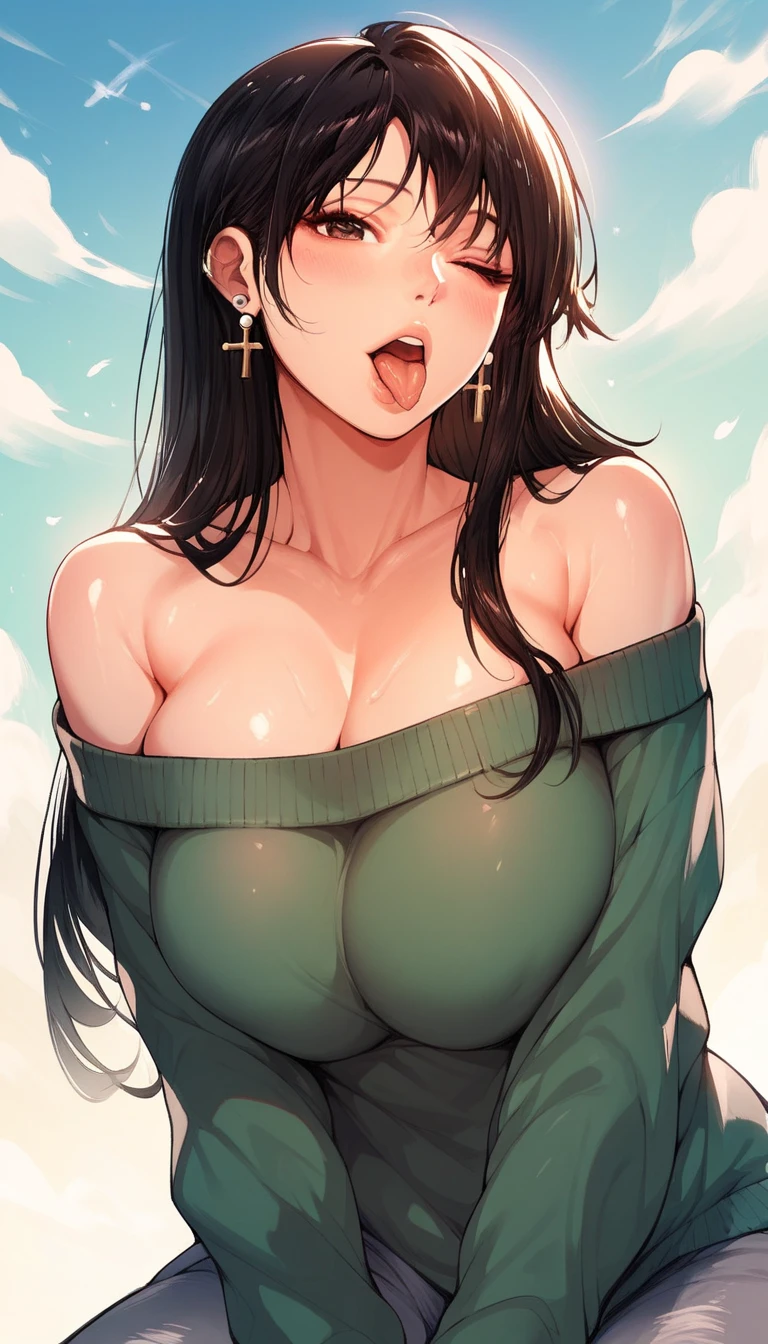 20-year-old、girl、Confused eyes、blush、Black Hair、knit、Large Breasts、smile