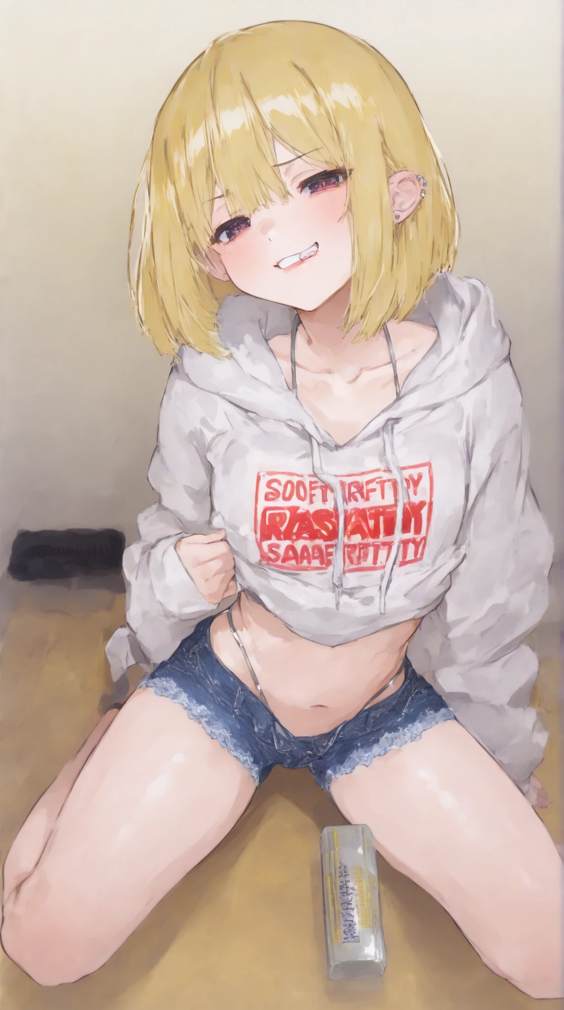 ((sexy girl ,gyaru)) ,nsfw, glamorous, voluptuous, curvy, cap,short brown hair, off shoulder blouse, town,sitting,looking at viewer,moistened eyes,blush,sexual ecstasy, big ass, detailed pussy, spread legs, rinning, wet tongue, blonde pubic hair, labia, spreading pussy with fingers, detailed pussy interior,