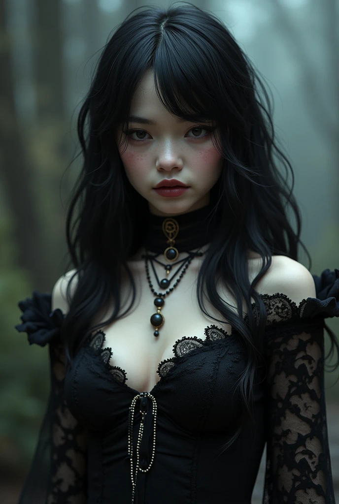 image Korean woman in her twenty fifth year wearing a gothic outfit her hair is made up with silver strands intertwine with her hair a moody background of spikes darkness spirals behind the mist hanging in the garden in the evening