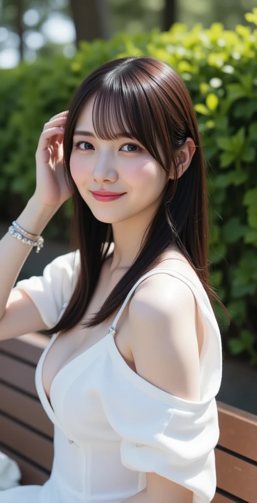 On a table, Best quality, illuminations, ultra - detailed, Detailed pubic hair, A high resolution, 8k wallpaper, Perfect dynamic composition, beautidful eyes, Summer women's clothing,Medium hair,small tit,Natural lip color, Bold sexy pose,ssmile,Minato-ku, tokyo prefecture、20岁女孩、Cute big breasts、Sexy shot looking at camera
