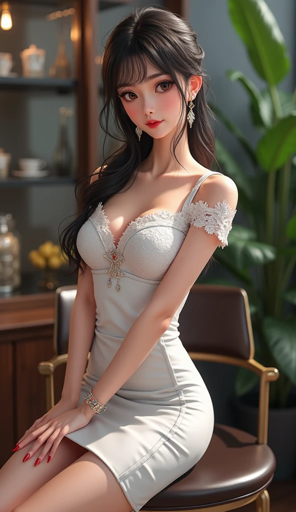 Gorgeous woman, dark fantasy, long black hair, beauty marks, bright eyes, collarbone, glamour, queen, dark background, bokeh, glamour, ((masterpiece, highest quality)), illustration, 8k Highly detailed, realistic and vivid focus, very Detailed ham, professional lighting, colorful details, intricate details, attractive girls. A very bright smile exposing the upper teeth with an open mouth, various and bold AV model poses sitting at a table, a pose with one leg on the table and the other leg slightly apart, a pose with the skirt rolled up, gaze looking at the camera, bright appearance, high resolution, Soft lighting, one woman, solo, hip up, glowing skin, (face detail), jewelry, beautiful necklace, nice bracelet, very beautiful body, exposed navel, short white corset that is very thin and transparent like vinyl, very short white dress that is transparent like vinyl , wavy hair that seems to be blowing in the wind, the Miss Universe crown, the whole body is visible, the fingers and body shape are not bad.