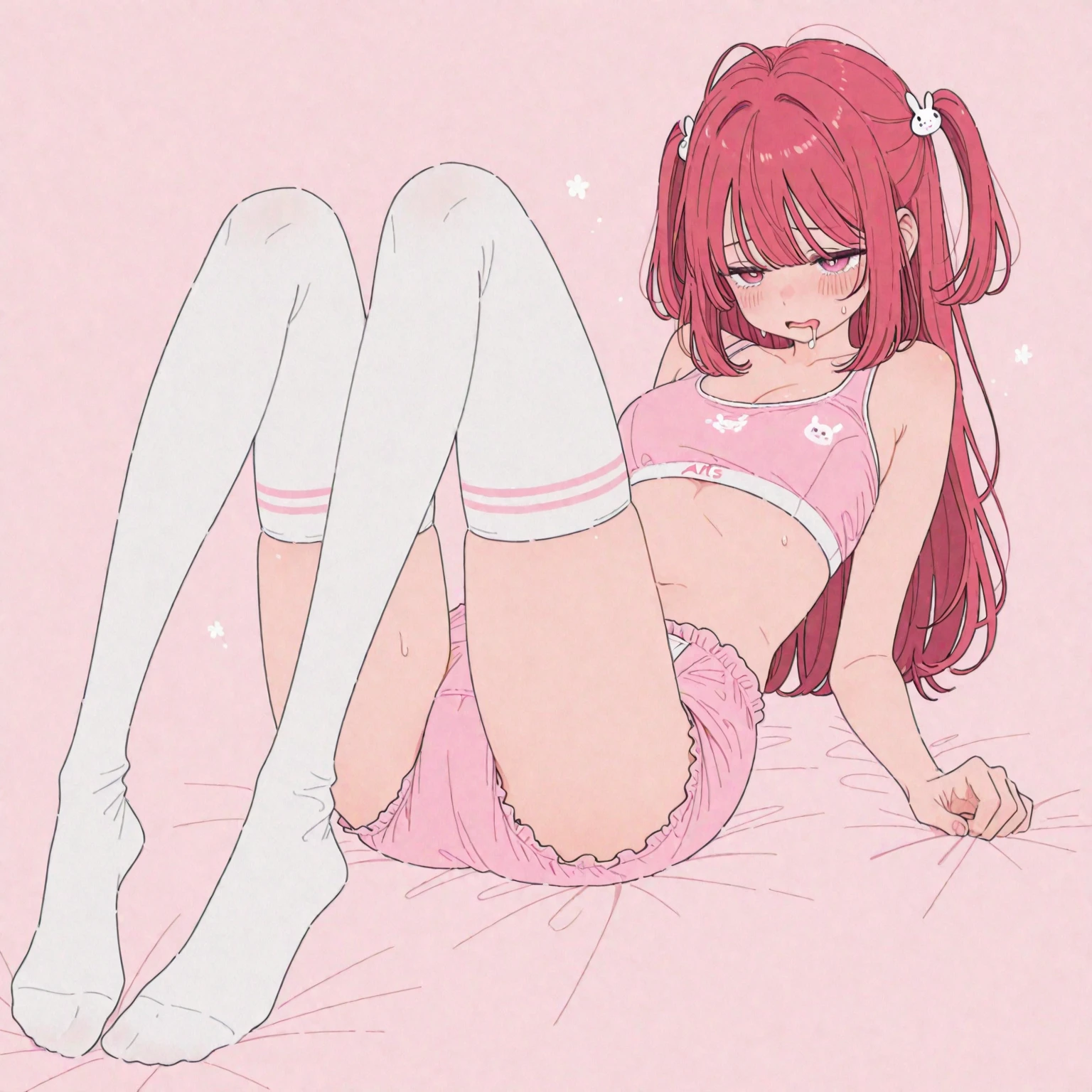 1girl, solo, long hair, looking at viewer, smile, bangs, thighhighs, navel, hair between eyes, twintails, sitting, closed mouth, underwear, ahoge, red hair, fang, black thighhighs, flat chest, orange eyes