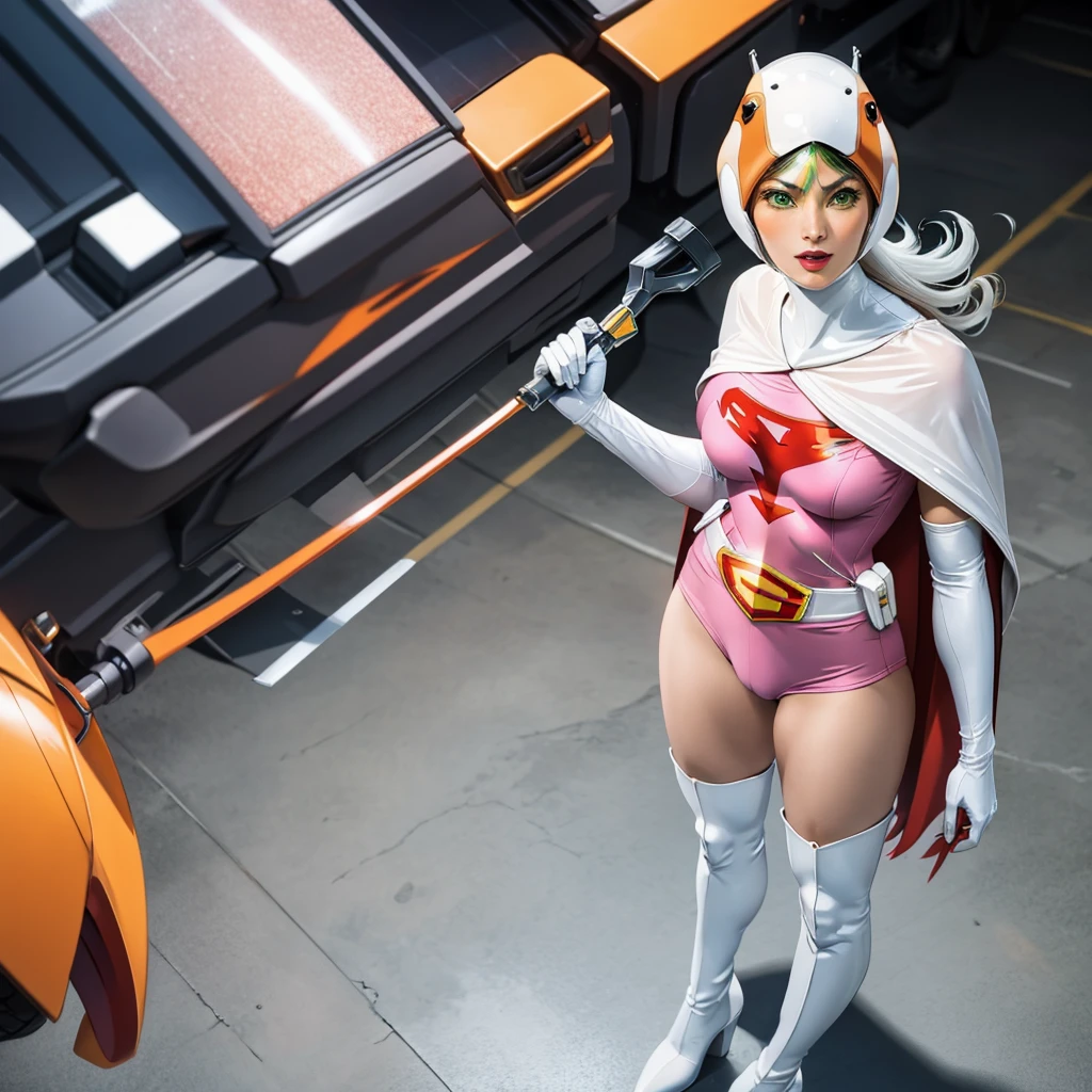A girl in pink Gatchaman costume, miniskirt, long boots, long gloves, standing, one leg up, standing_split, detailed face, H3JTS, giga_busty, best quality, 4k, 8k, highres, masterpiece:1.2, ultra-detailed, realistic, photorealistic, photo-realistic:1.37, HDR, UHD, studio lighting, ultra-fine painting, sharp focus, physically-based rendering, extreme detail description, professional, vivid colors, bokeh, concept art
