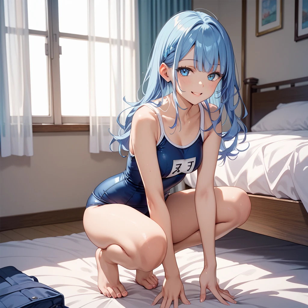 highest quality、complete limbs、full finger、Woman with light blue hair、straight hair woman、Beauty busty woman:1.5、(A woman wearing a navy blue one-piece school swimsuit:1.5)、bare hands、barefoot、sexy pose、big smile