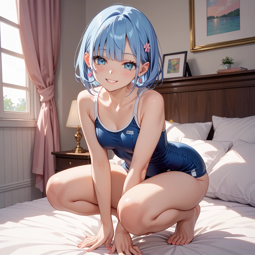 (((((whole body)))))、Youmu,Navy blue one-piece school swimsuit 、smile,、Cowboy Shot、Sitting on a futon、With legs apart、