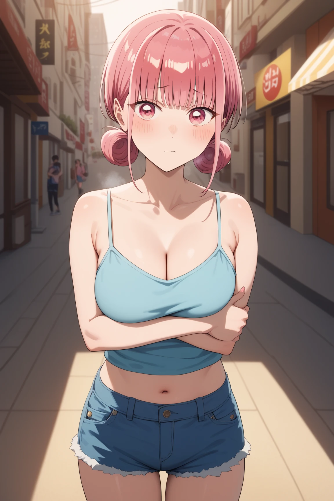 ((masterpiece)), (HQ), (4K), (high detailed), (best quality), (detailed face), (beautiful, cute, pretty girl), (18yo girl in crowd with arms crossed), (high ponytail), (pink hair), (petite, slender, skinny), (girl is shocked, nervous, shy), ((small medium boobs)), (topless), (wearing dark blue plaid pleated skirt), (only one naked), (blushing:1.5), (skinny thighs), (bare shoulders), (bare neck), (bare arms), (bare chest), (crowd of people), (lots of people)