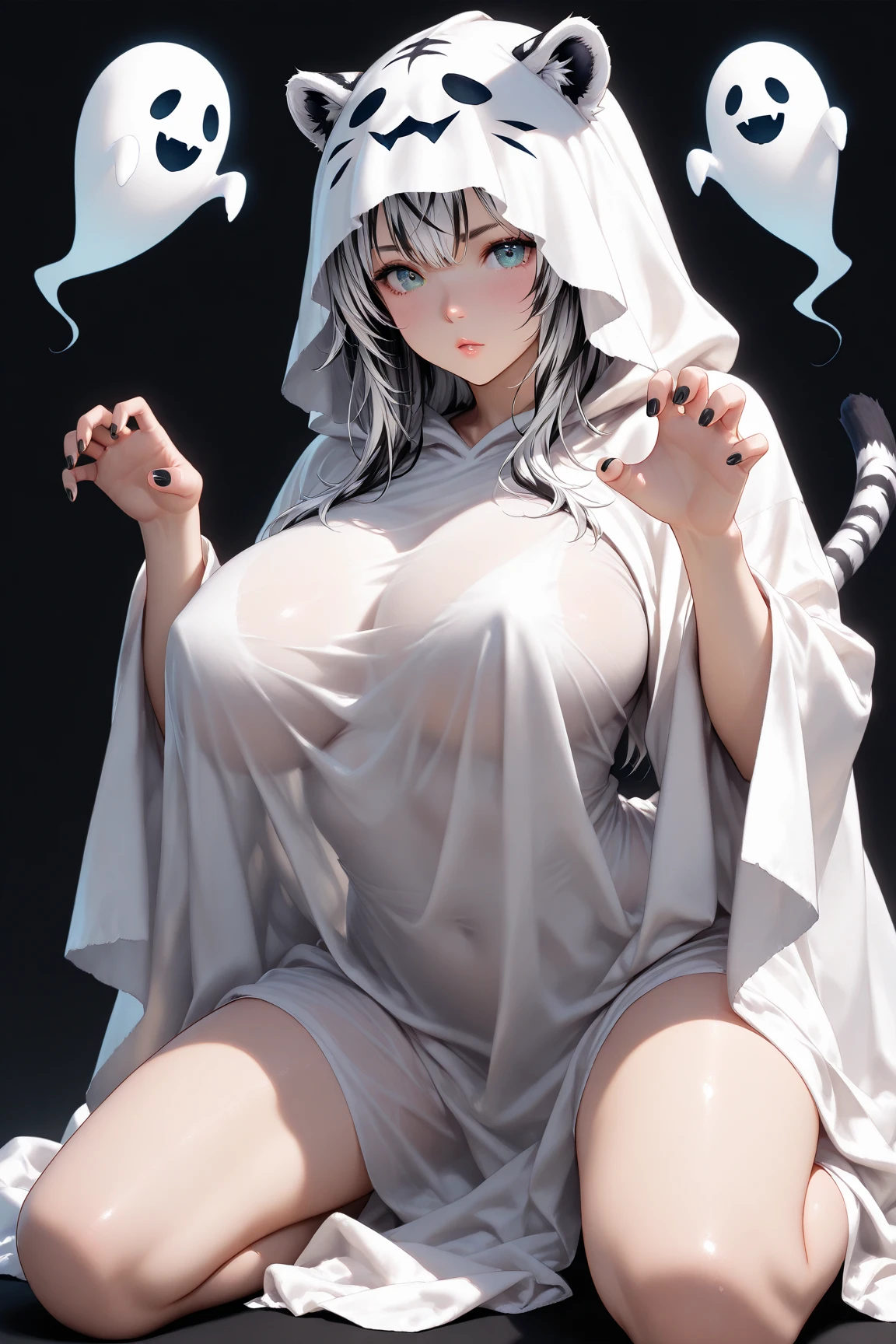 ((1 woman, with a cloth on her body with a ghost)),(((face covered with a white cloth))),((completely )),((Huge breasery long white hair, in standing, arms open, in an evil forest, at night,