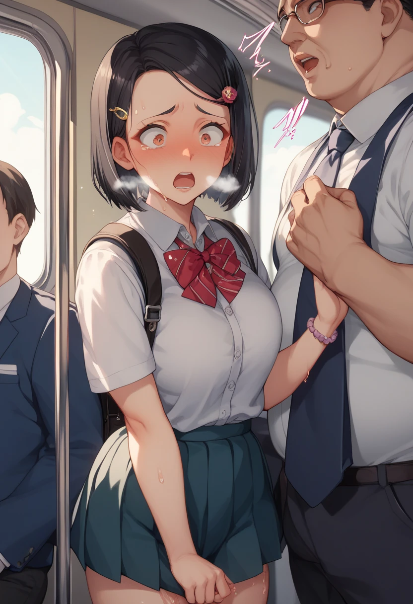 score_9, score_8_up, score_7_up, source_anime, best quality, masterpiece,ultra-detailed,official art, absurdres, highres, waifu2x, break,1boy, 1girl, school girl, short hair, sweat, blush, grabbing another's breast, open mouth, (yawn:0.3), sleepily, molestation, heavy breathing, night, train interior, break,(clear line illustration:1.2),very high resolution, very aesthetic, super detailed skin, Best sexual lighting powered by famous artist, 8k,ero picture,beauty illustration,photoshop_(medium),,(Detailed Lighting),