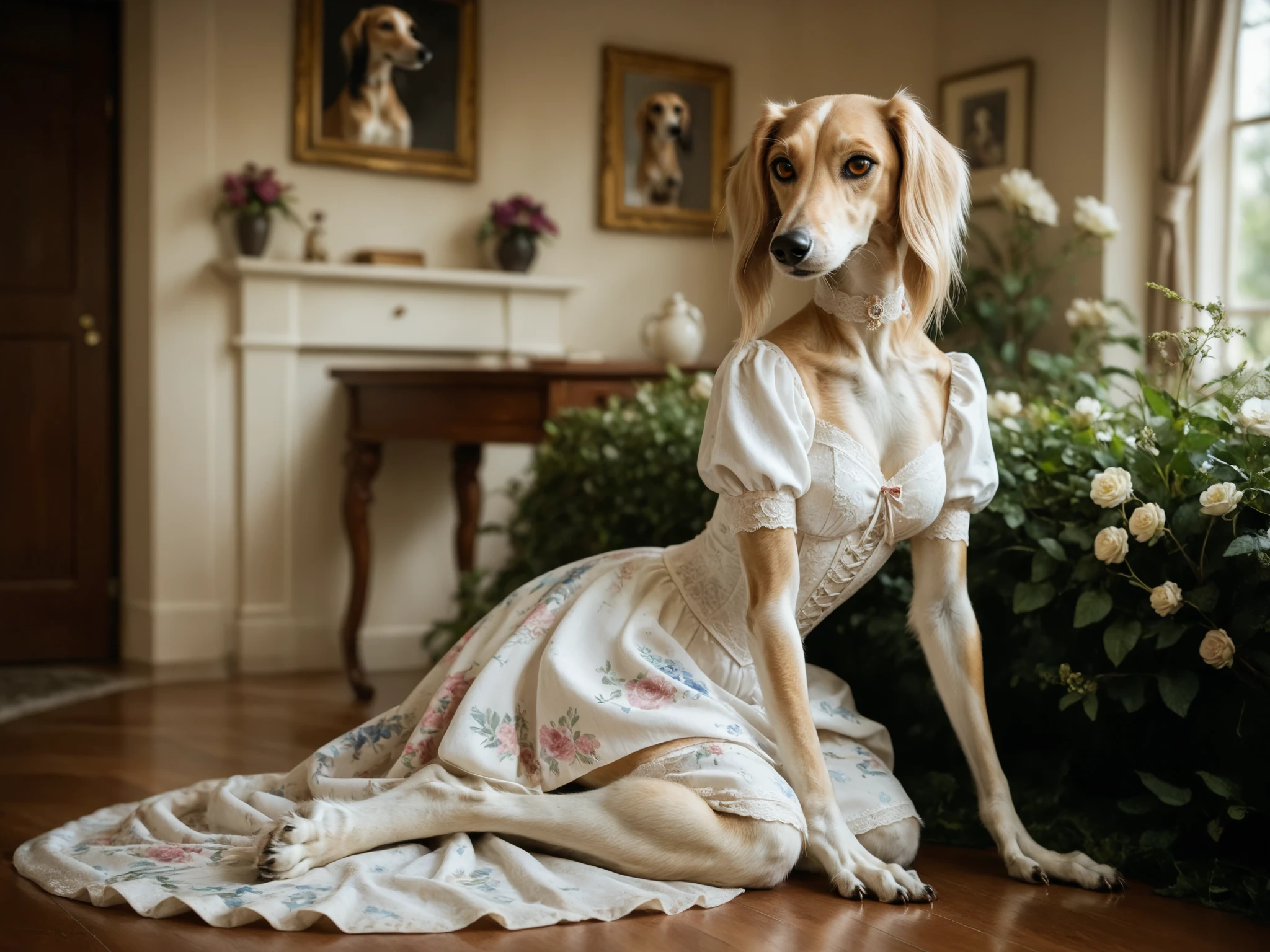 girl sitting in a blue recliner in a white dress stained red, around her are ten saluki sighthounds. Set against a Victorian backdrop that is covered in decaying floral wallpaper. salukis, greyhound, borzoi, sighthound, beautiful eyes, golden eyes