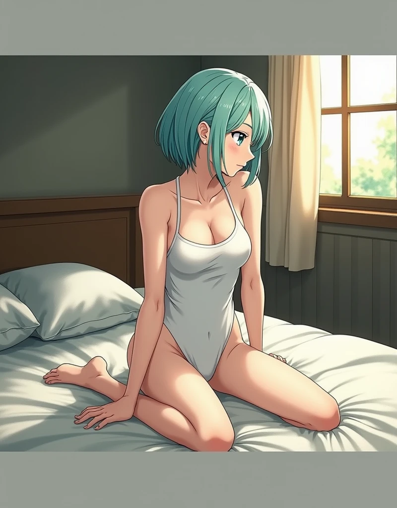 (((Highest quality,High resolution,Pixel perfect,Noise Reduction,Beautiful Anime,Smooth Skin,Glowing Skin,Soft Skin,Detailed face,1people,No text,No dialogue,No sound effects,No manga))),(((Sinon,Green Hair,,short hair,Green Eyes,Hairpins in the bangs))),(((White super micro bikini,White knee-high socks,))),((From the back,back of head,White bedroom,On all fours on the bed,Close-up on the buttocks,Stick your ass out))