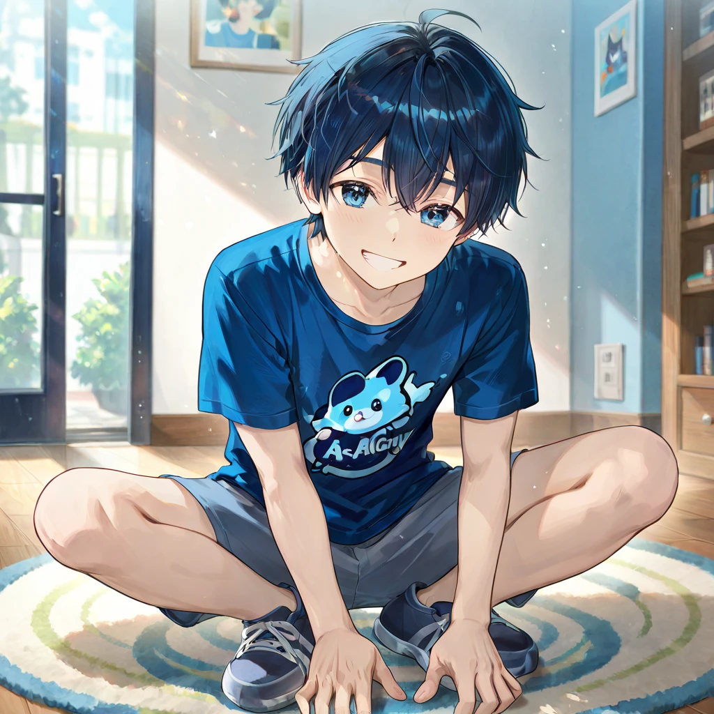 anime, ???, boy, cute face, sitting on the armchair, shirtless, black hair, blue eyes, watching TV, laughing
